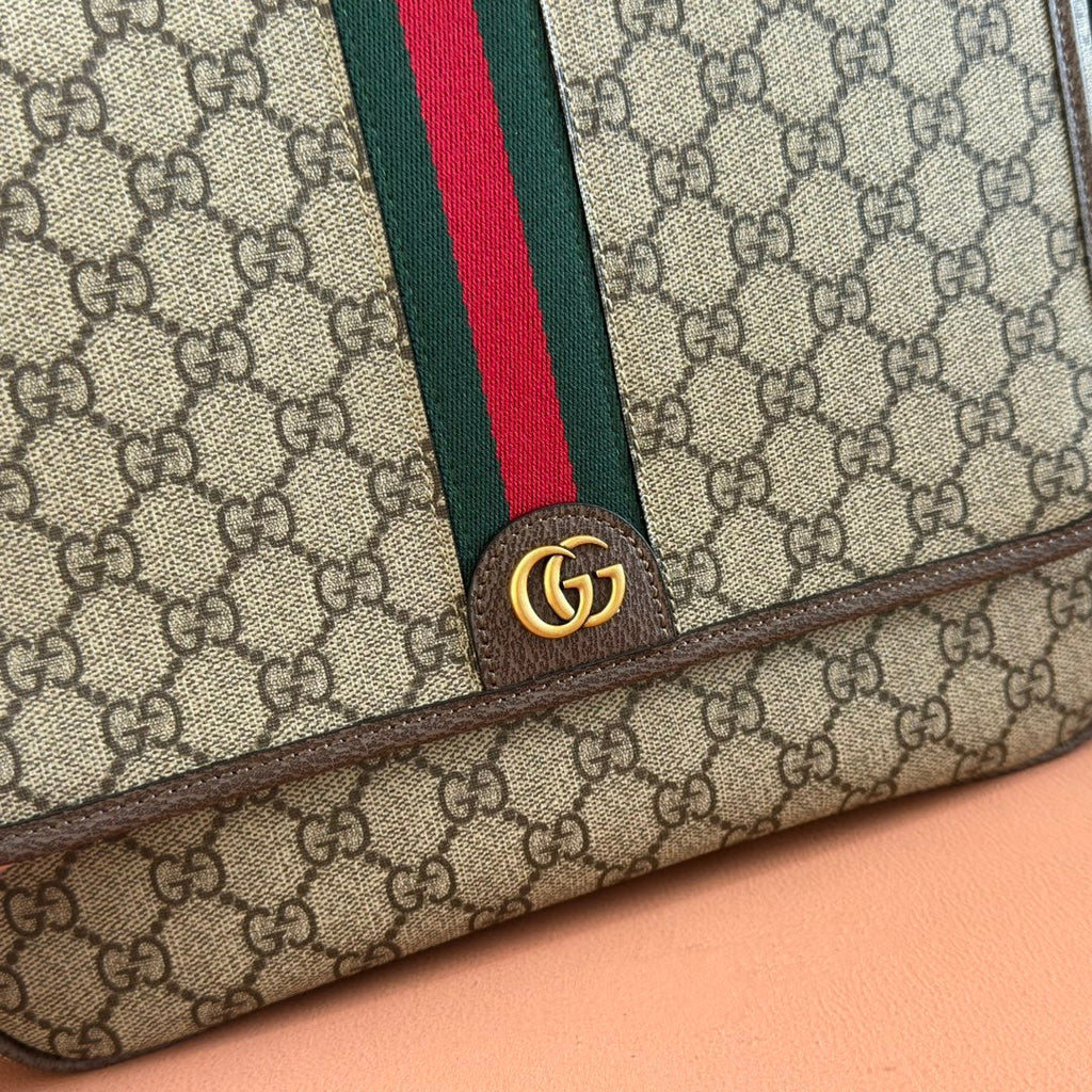 GUCCI 25S OPHIDIA MEDIUM CROSSBODY BAG 28 IN BEIGE CANVAS AND BRAUNE CALFLEDER