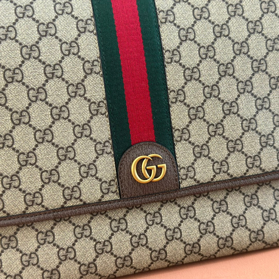 GUCCI 25S OPHIDIA GROSSE UMHÄNGETASCHE 33 IN BEIGE CANVAS UND BRAUNES KALBSLEDER