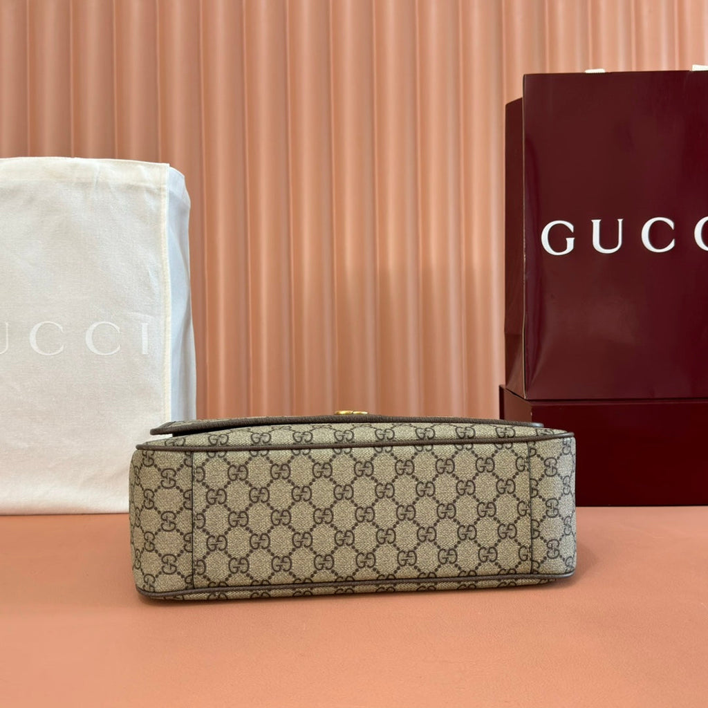 GUCCI 25S OPHIDIA GROSSE UMHÄNGETASCHE 33 IN BEIGE CANVAS UND BRAUNES KALBSLEDER