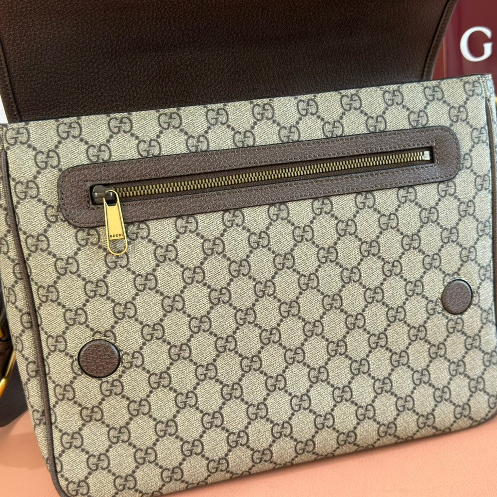 GUCCI 25S OPHIDIA GROSSE UMHÄNGETASCHE 33 IN BEIGE CANVAS UND BRAUNES KALBSLEDER