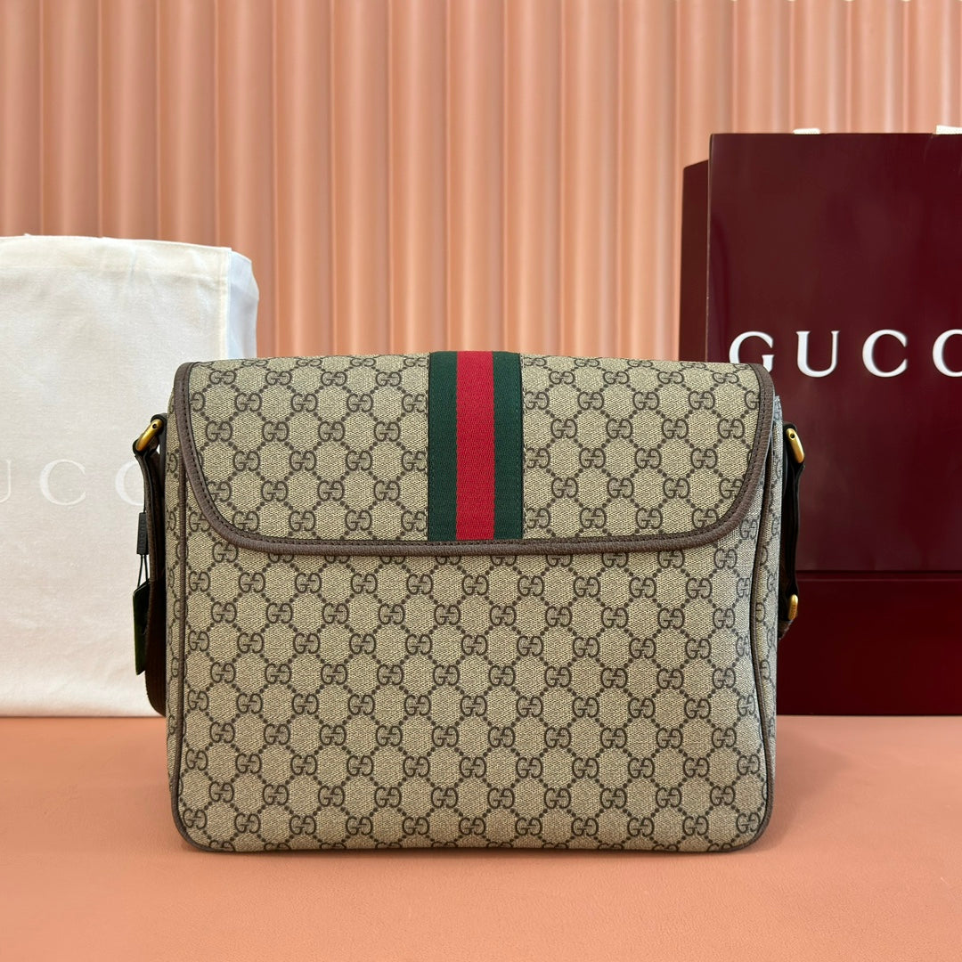 GUCCI 25S OPHIDIA GROSSE UMHÄNGETASCHE 33 IN BEIGE CANVAS UND BRAUNES KALBSLEDER