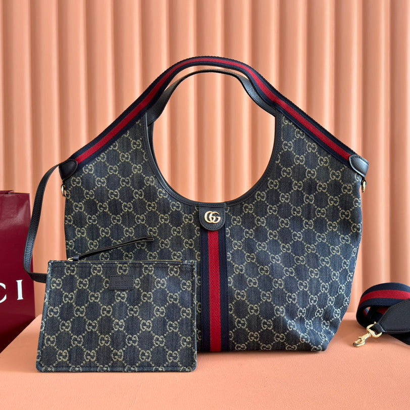 GUCCI 25S GIGLIO GROSSE TRAGETASCHE 50 IN BLAU-WEISSEM DENIM