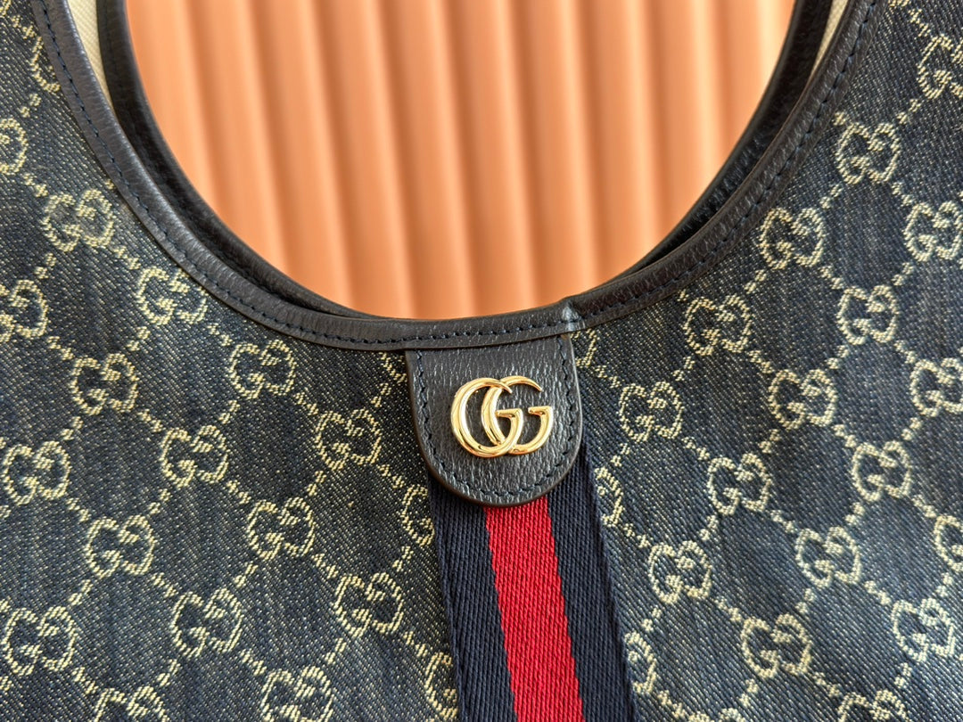 GUCCI 25S GIGLIO GROSSE TRAGETASCHE 50 IN BLAU-WEISSEM DENIM