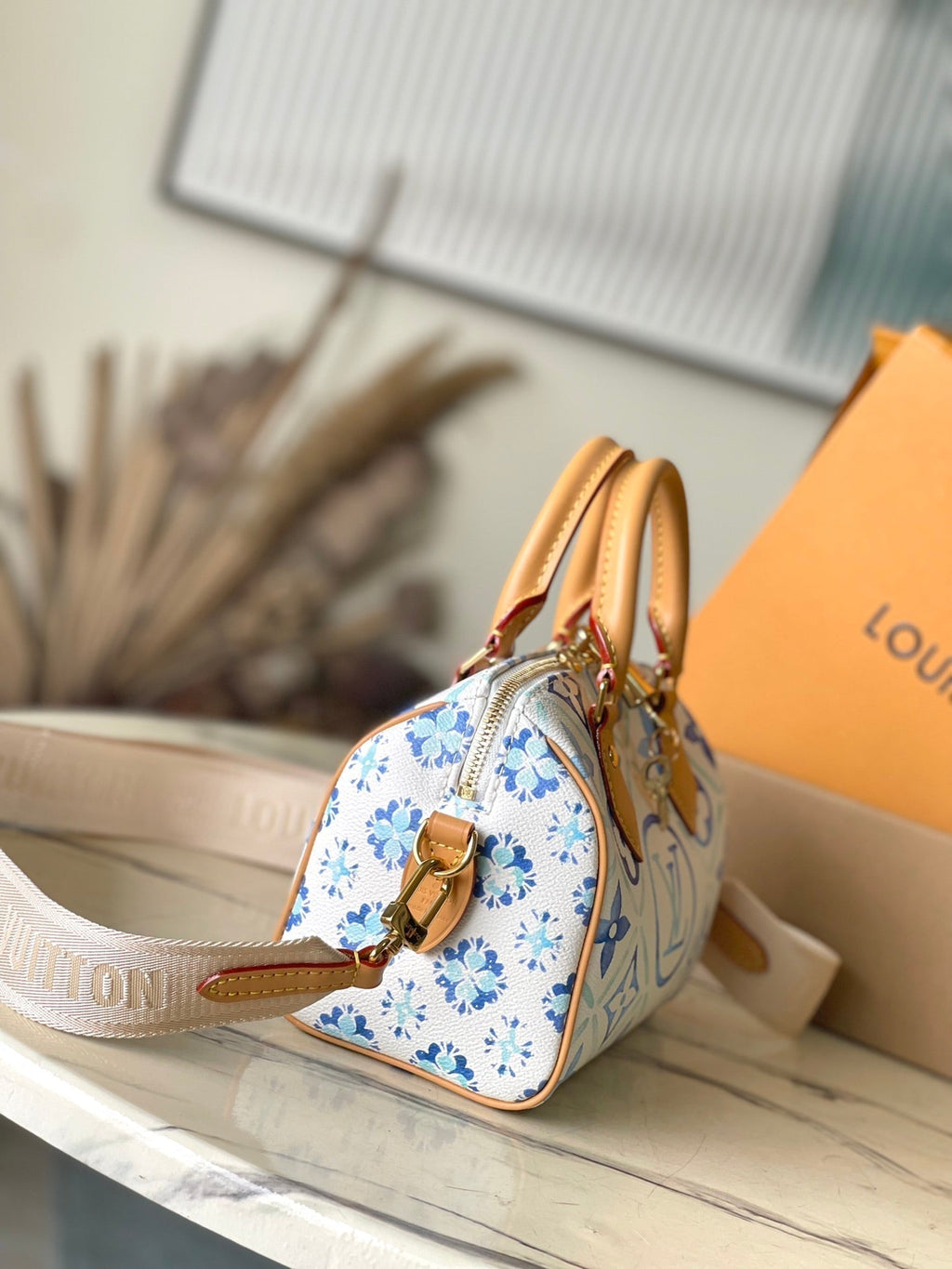 SPEEDY BANDOULIÈRE 20 IN LAGOON BLUE MONOGRAM TILES CANVAS GOLD BALLLE