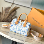 SPEEDY BANDOULIÈRE 20 IN LAGOON BLUE MONOGRAM TILES CANVAS GOLD BALLLE