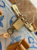 SPEEDY BANDOULIÈRE 20 IN LAGOON BLUE MONOGRAM TILES CANVAS GOLD BALLLE