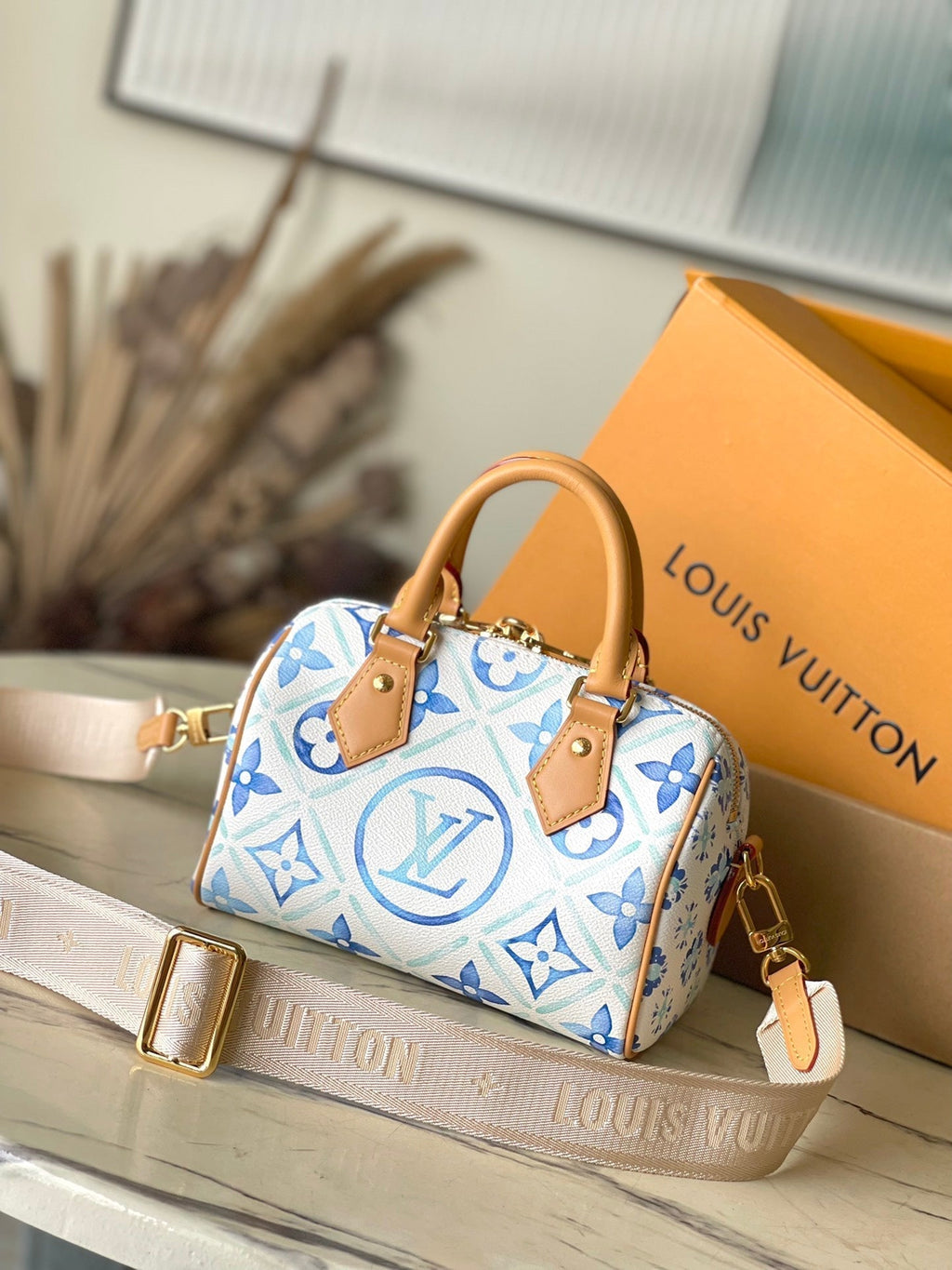 SPEEDY BANDOULIÈRE 20 IN LAGOON BLUE MONOGRAM TILES CANVAS GOLD BALLLE