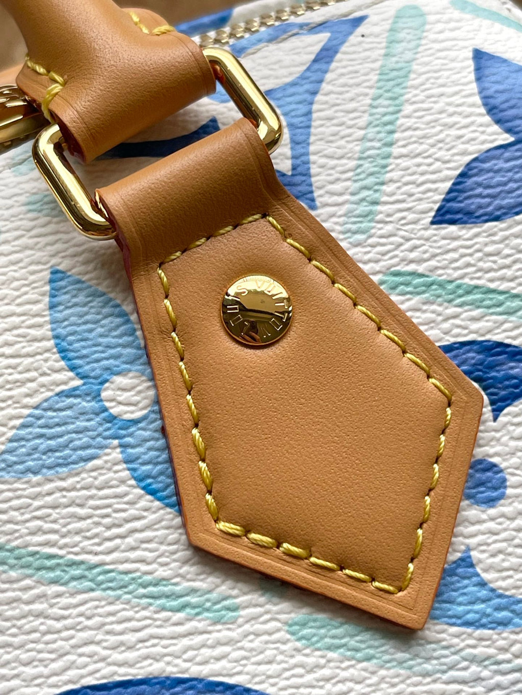 SPEEDY BANDOULIÈRE 20 IN LAGOON BLUE MONOGRAM TILES CANVAS GOLD BALLLE