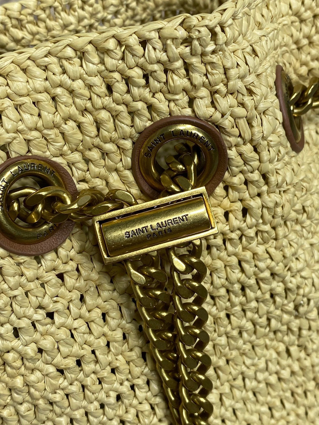 Beutel mit Kordelzug, 19 Zoll, beige, gewebt aus Raffia und Kalbsleder