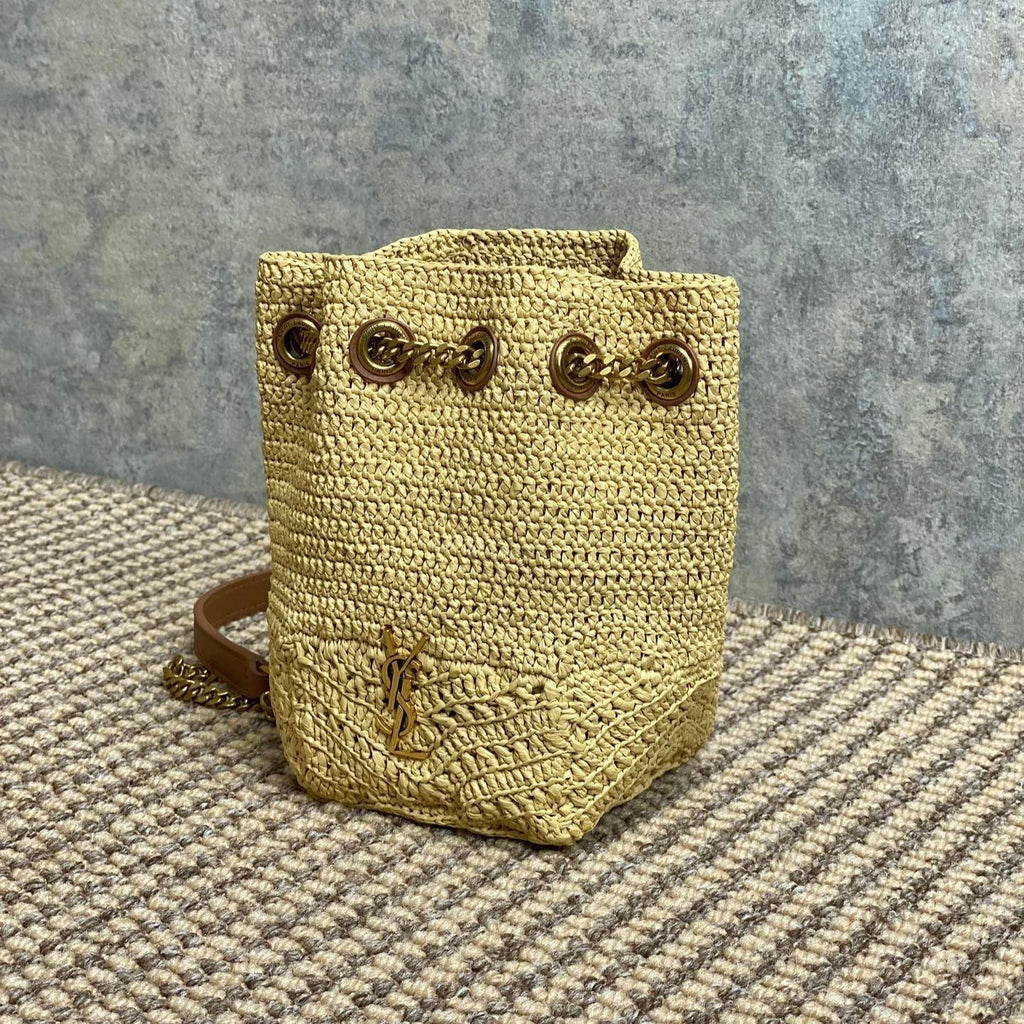 Beutel mit Kordelzug, 19 Zoll, beige, gewebt aus Raffia und Kalbsleder