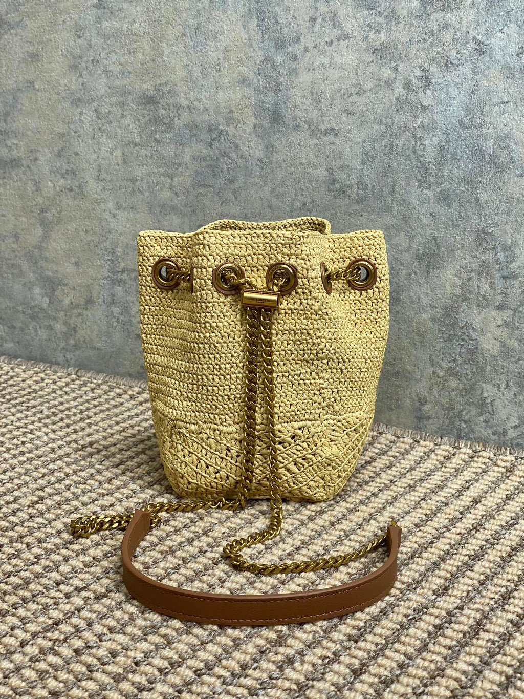 Beutel mit Kordelzug, 19 Zoll, beige, gewebt aus Raffia und Kalbsleder