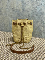 Beutel mit Kordelzug, 19 Zoll, beige, gewebt aus Raffia und Kalbsleder