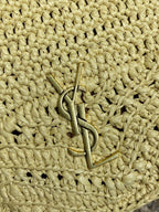 Beutel mit Kordelzug, 19 Zoll, beige, gewebt aus Raffia und Kalbsleder