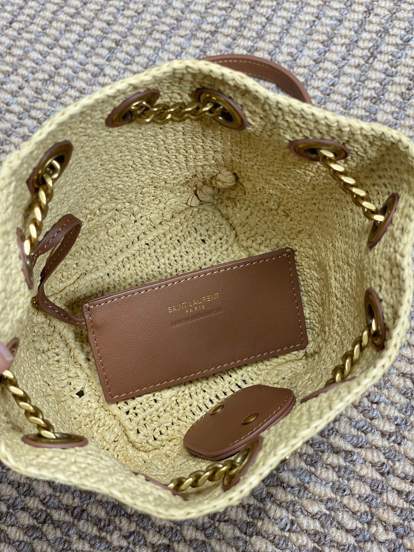 Beutel mit Kordelzug, 19 Zoll, beige, gewebt aus Raffia und Kalbsleder