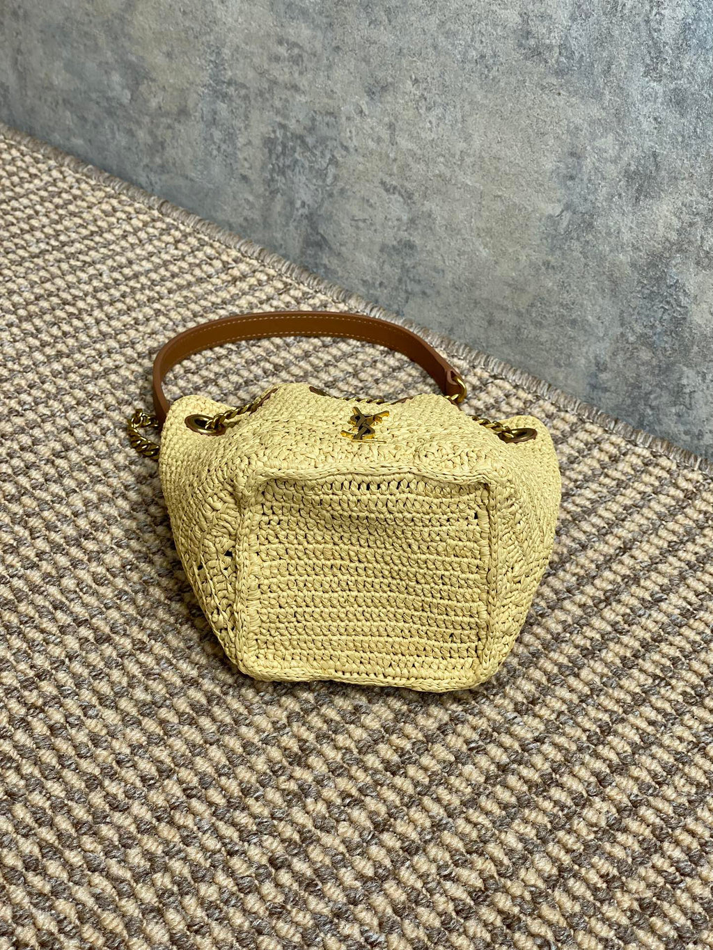 Beutel mit Kordelzug, 19 Zoll, beige, gewebt aus Raffia und Kalbsleder