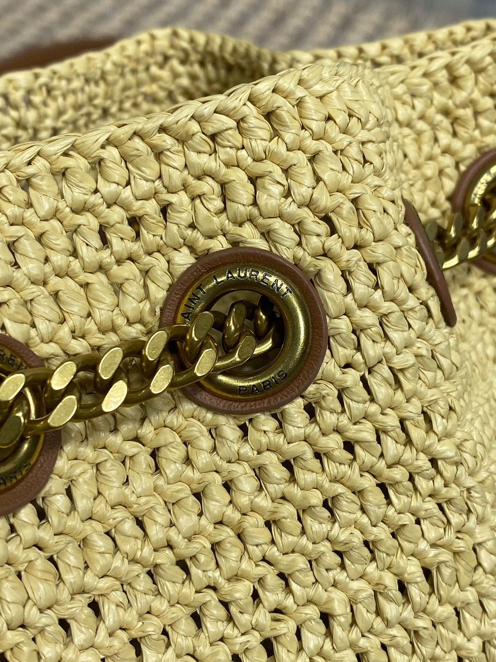 Beutel mit Kordelzug, 19 Zoll, beige, gewebt aus Raffia und Kalbsleder