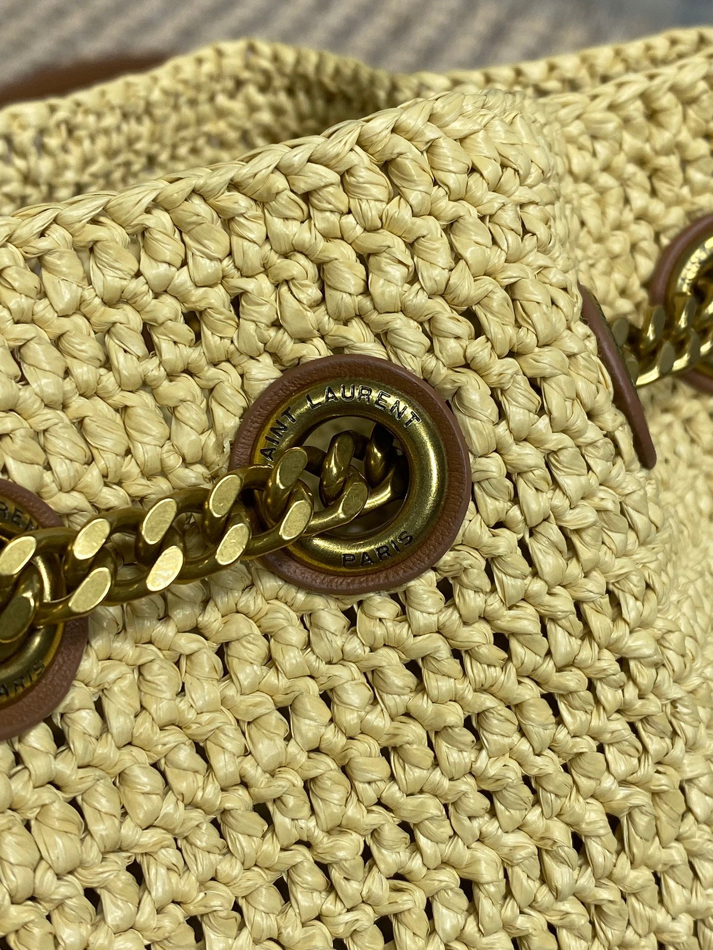 Beutel mit Kordelzug, 19 Zoll, beige, gewebt aus Raffia und Kalbsleder