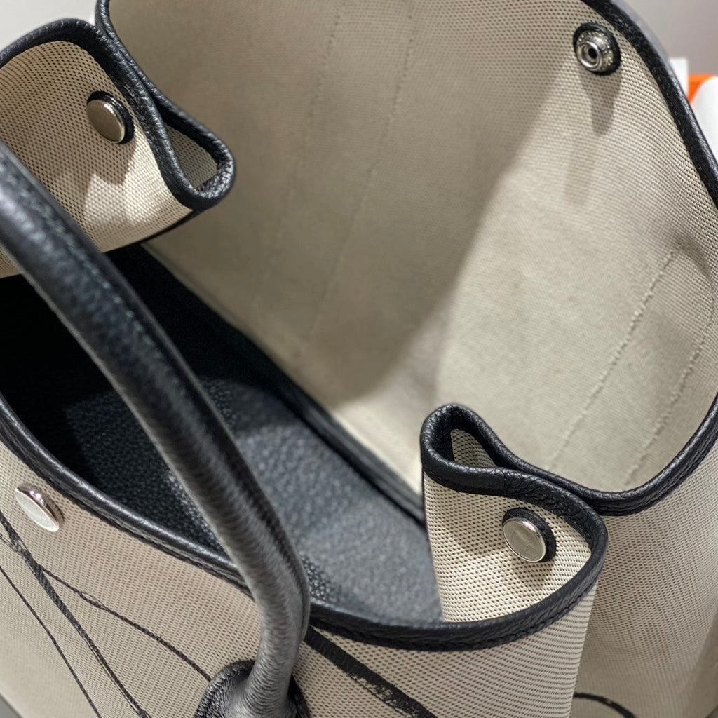 GARDEN PARTY 36 IN BEIGE AND BLACK TOILE H CANVAS BLACK CALFSKIN HORSE TACK SKETCH PRINT