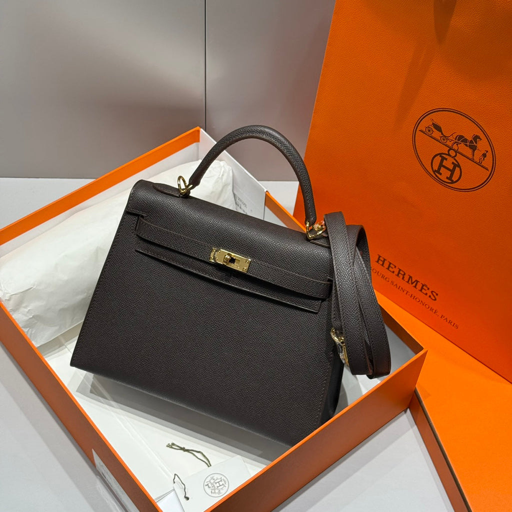 KELLY 25CM IN EBENE EPSOM KALBSLEDER GOLDENE BESCHLÄGE