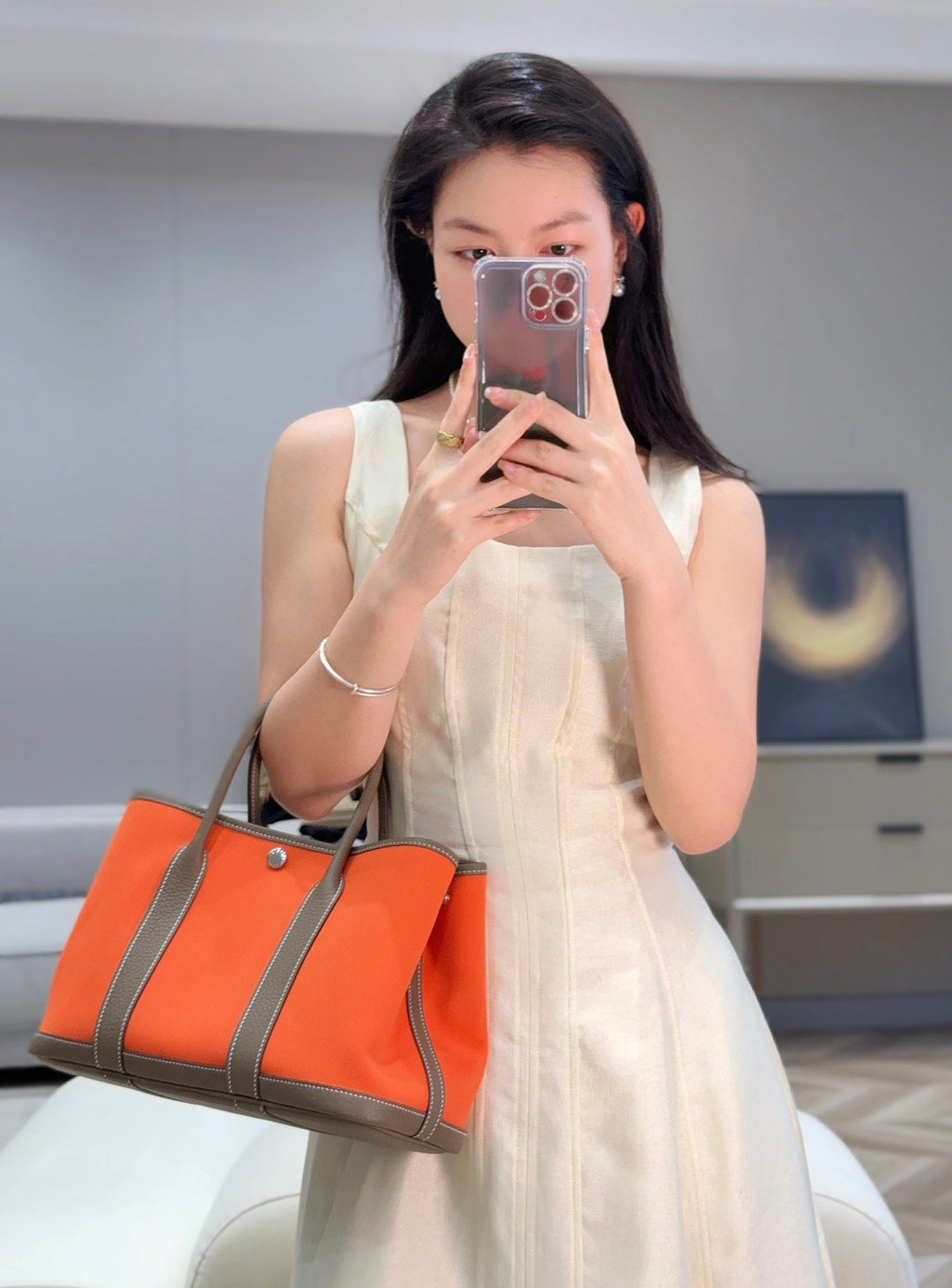 GARDEN PARTY 30CM IN ORANGE MINIMUM TOILETS COTTON CANVAS AND BROWN CALFSKIN