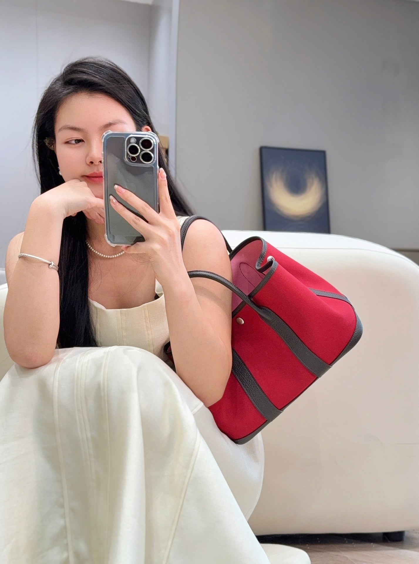 GARDEN PARTY 30CM IN RED TOILETS COTTON CANVAS AND DARK BROWN CALFSKIN PINK ON SIDE OTHER