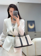 GARDEN PARTY 30CM IN WHITE TOILETS COTTON CANVAS AND BLACK CALFSKIN BLUE CANVAS ON SIDE OTHER