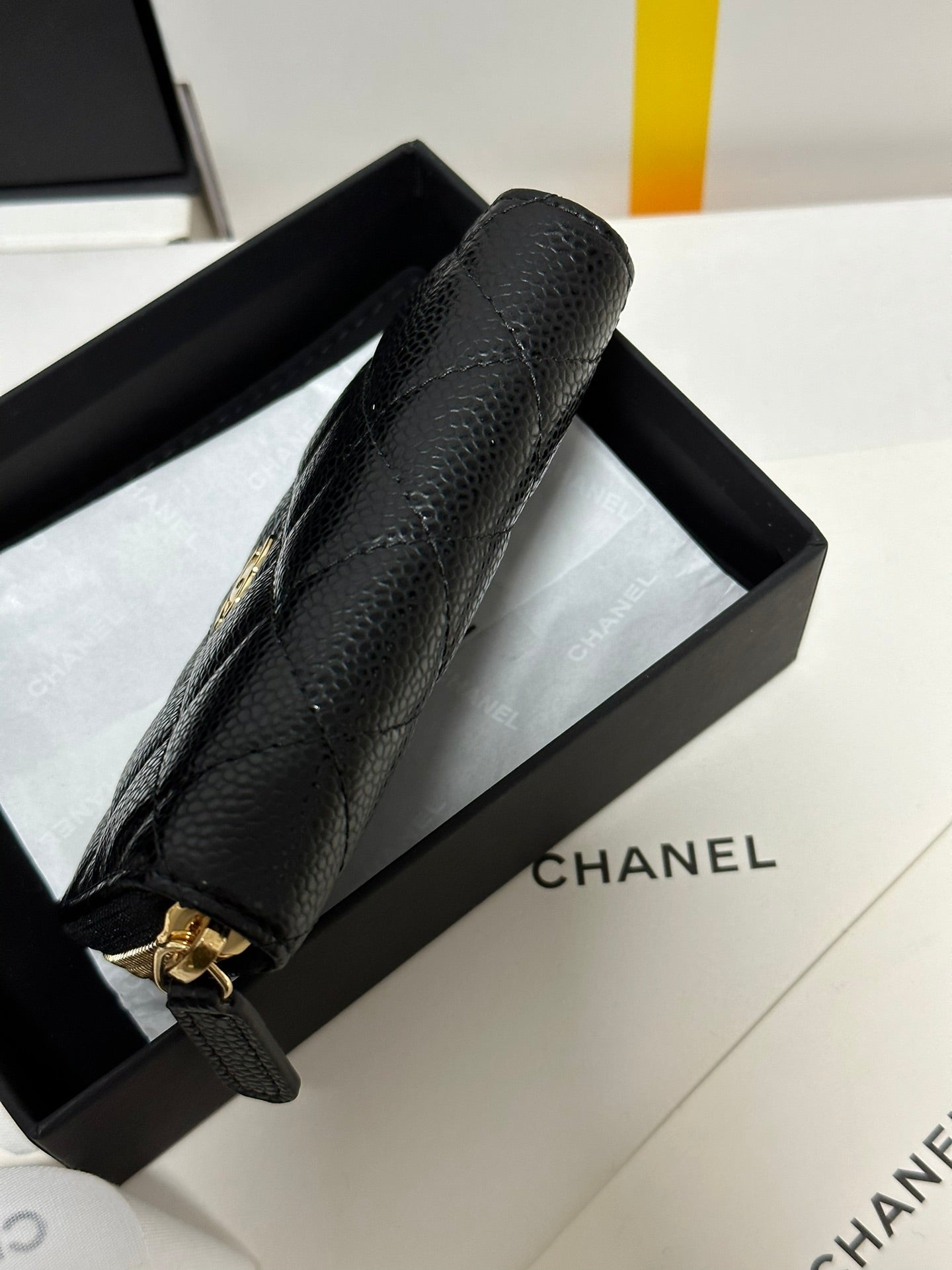 MINI WALLET 11 IN BLACK CAVIAR SKIN GOLD METALLIC