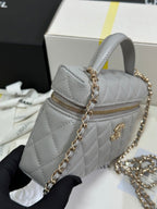 STRASS VANITY QUILTED CASE 19 IN GREY CALFSKIN WITH GOLD METALLIC
