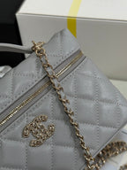 STRASS VANITY QUILTED CASE 19 IN GREY CALFSKIN WITH GOLD METALLIC