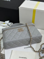 STRASS VANITY QUILTED CASE 19 IN GREY CALFSKIN WITH GOLD METALLIC