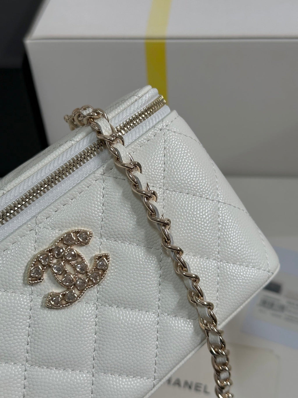VANITY CASE 17 CRYSTAL STUDDED LOGO IN WHITE CALFSKIN GOLD HARDWARE