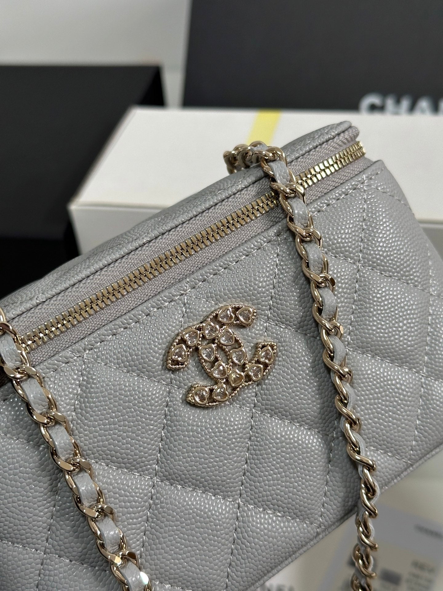 Kosmetikkoffer mit 17 Kristallbesetztem Logo in grauem Kalbsleder und goldenen Beschlägen