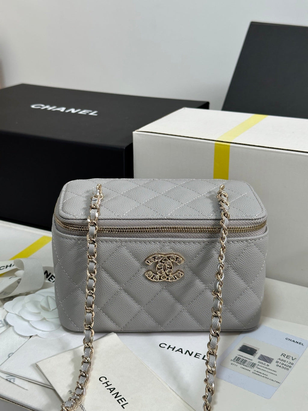 VANITY CASE 17 CRYSTAL STUDDED LOGO IN GREY CALFSKIN GOLD HARDWARE