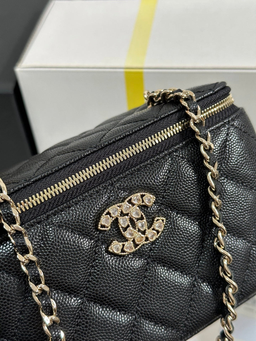 VANITY CASE 17 CRYSTAL STUDDED LOGO IN BLACK CALFSKIN GOLD HARDWARE