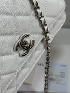FLAP BAG WITH SILVER-TONE HANDLE 19 IN WHITE CAVIAR SKIN