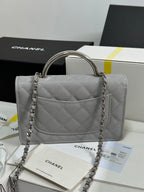 FLAP BAG WITH SILVER-TONE HANDLE 19 IN GREY SHINY CAVIAR SKIN