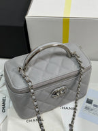 MINI VANITY TOP HANDLE CASE 17 IN GREY CAVIAR SKIN SILVER-TONE PLATED METAL