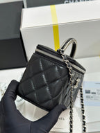 MINI VANITY TOP HANDLE CASE 17 IN BLACK CAVIAR SKIN SILVER-TONE PLATED METAL