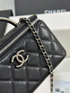 MINI VANITY TOP HANDLE CASE 17 IN BLACK CAVIAR SKIN SILVER-TONE PLATED METAL