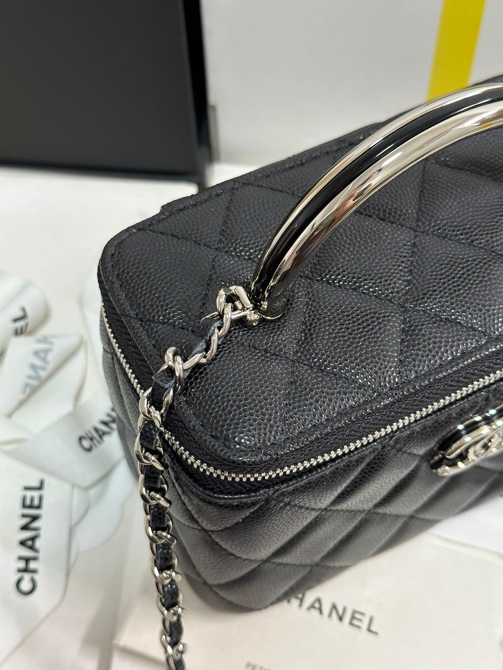 MINI VANITY TOP HANDLE CASE 17 IN BLACK CAVIAR SKIN SILVER-TONE PLATED METAL