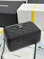 MINI VANITY TOP HANDLE CASE 17 IN BLACK CAVIAR SKIN SILVER-TONE PLATED METAL