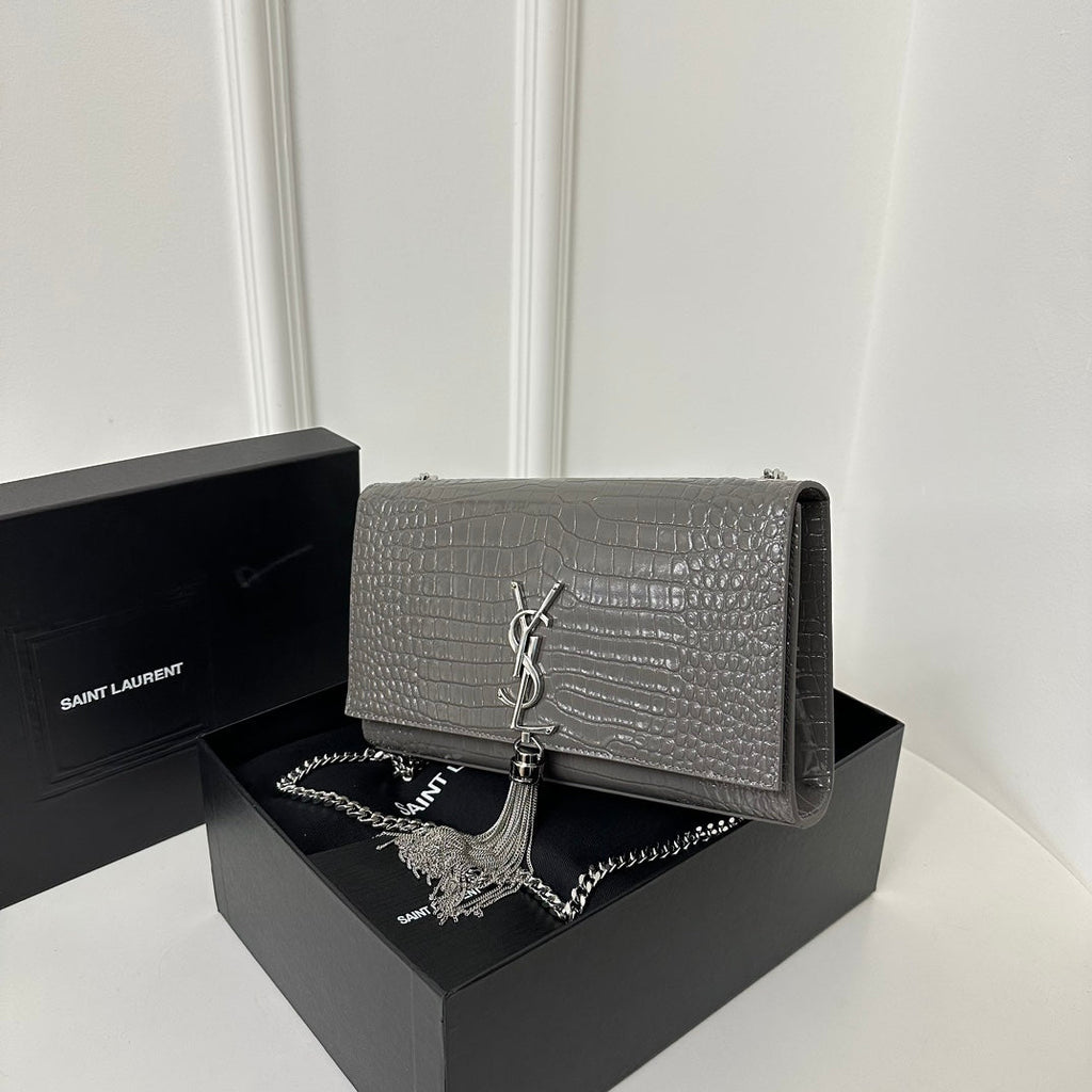 KATE TASSEL 24 KROKODILMUSTER DUNKELGRAUES KALBSLEDER