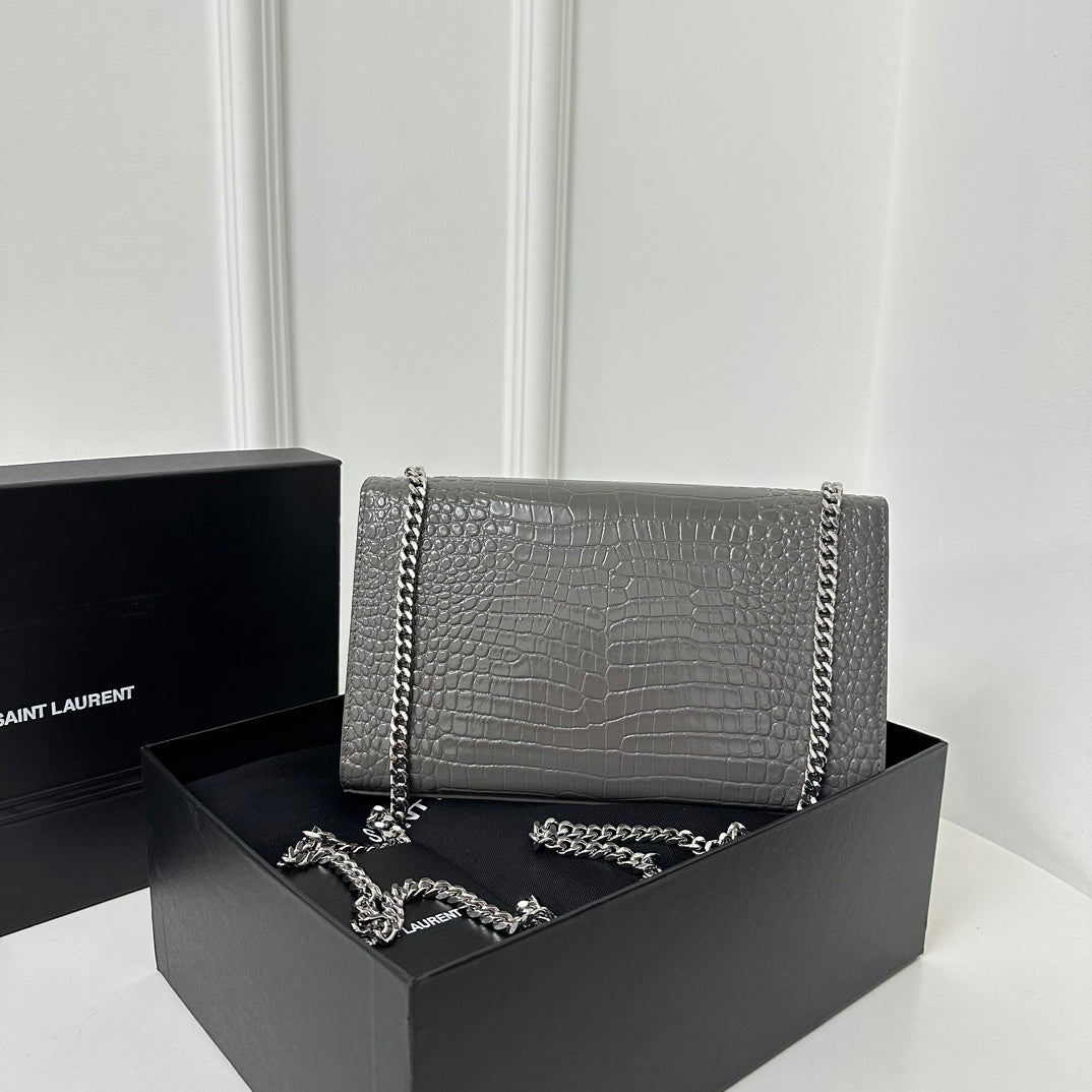 KATE TASSEL 24 KROKODILMUSTER DUNKELGRAUES KALBSLEDER