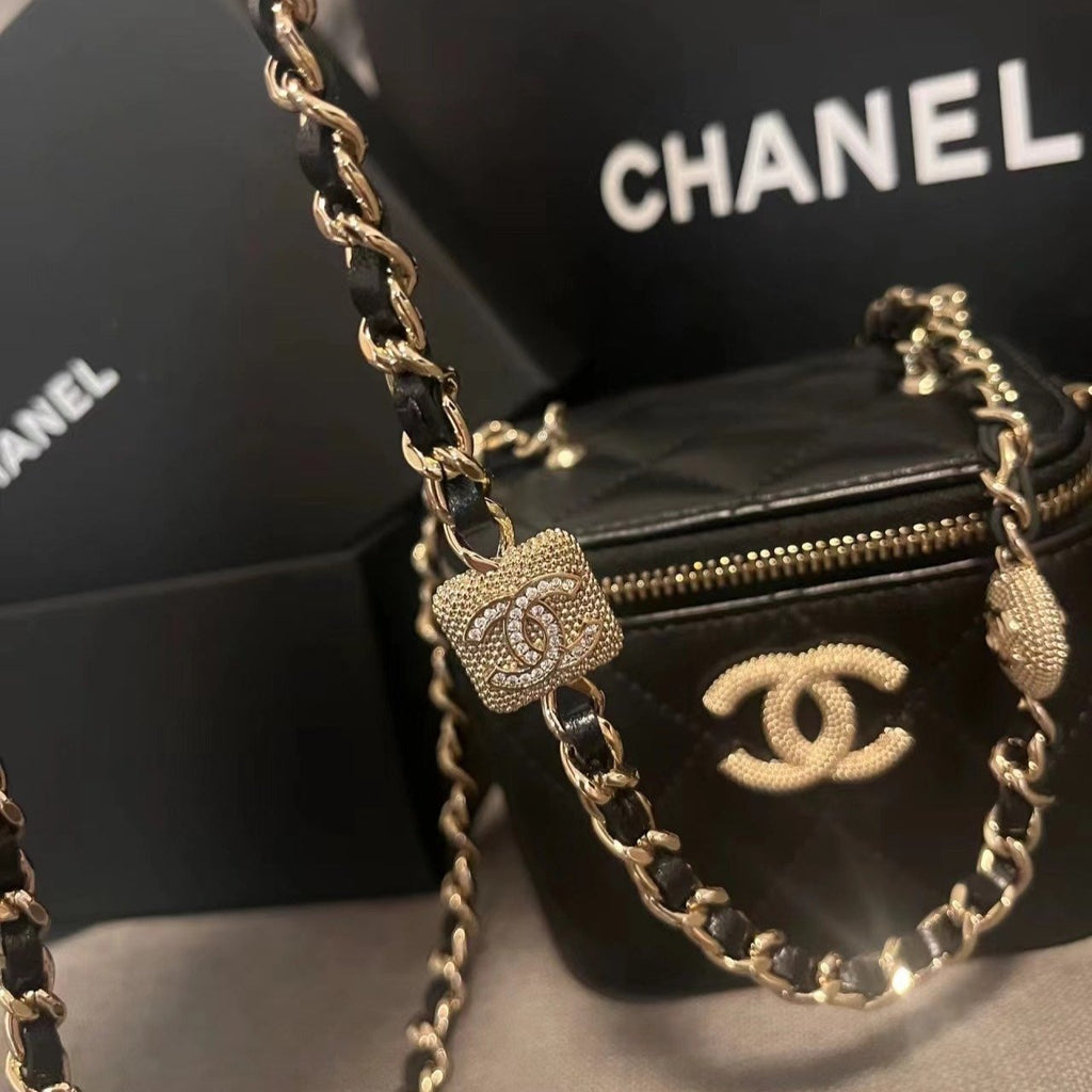 Kleiner Kosmetikkoffer, 11 Zoll, schwarzes Kalbsleder, goldene Beschläge