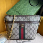 OPHIDIA 21 GG KLEINE SCHULTERTASCHE AUS BEIGEM CANVAS UND BRAUNEN KALBSLEDER