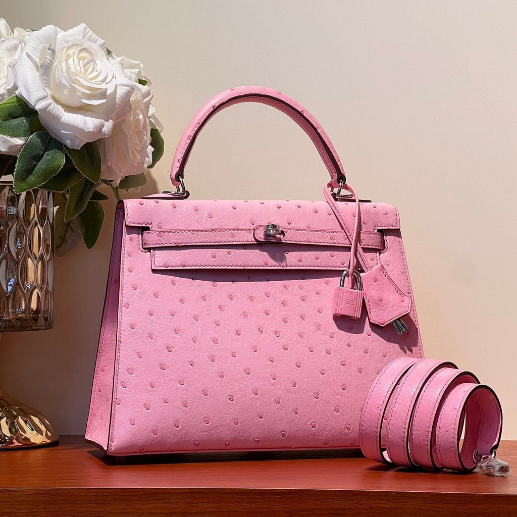 KELLY SELLIER 25 TASCHE IN PUPPENROSA STREIFENLEDER MIT SILBERNEN BESCHLÄGEN (AUF BESTELLUNG GEFERTIGT)