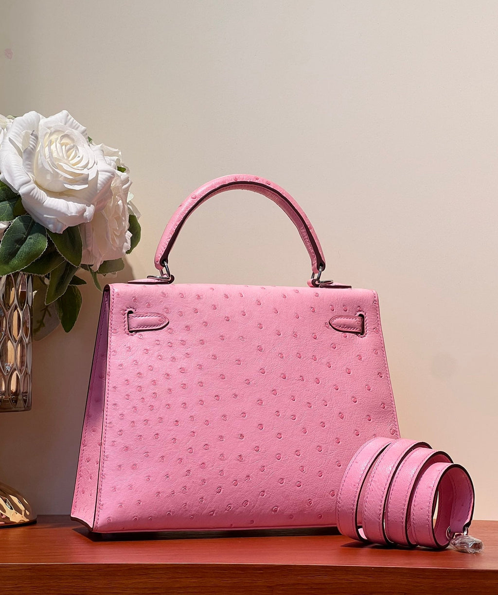 KELLY SELLIER 25 TASCHE IN PUPPENROSA STREIFENLEDER MIT SILBERNEN BESCHLÄGEN (AUF BESTELLUNG GEFERTIGT)