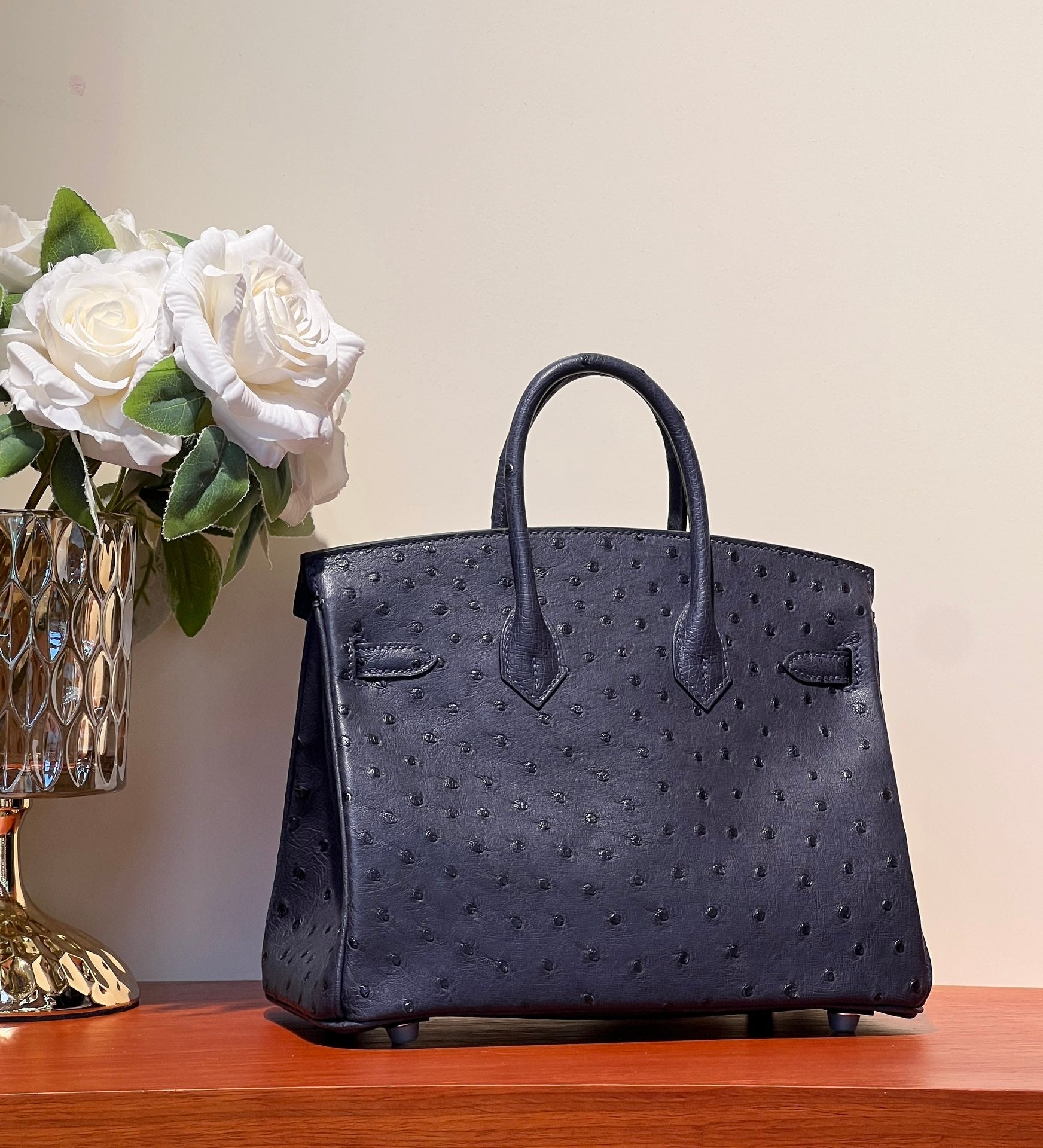 KELLY SELLIER 25 BAG IN SPACE BLUE OSTRICH LEATHER WITH SILVER HARDWARE (MADE-TO-ODER)