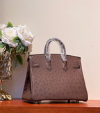 KELLY SELLIER 25 BAG IN PEACAN BROWN OSTRICH LEATHER WITH GOLD RHINSTONES (MADE-TO-ODER)