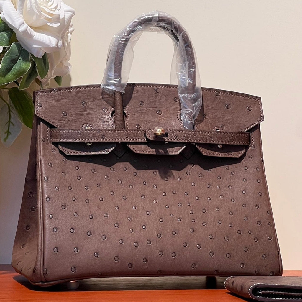 KELLY SELLIER 25 BAG IN PEACAN BROWN OSTRICH LEATHER WITH GOLD RHINSTONES (MADE-TO-ODER)